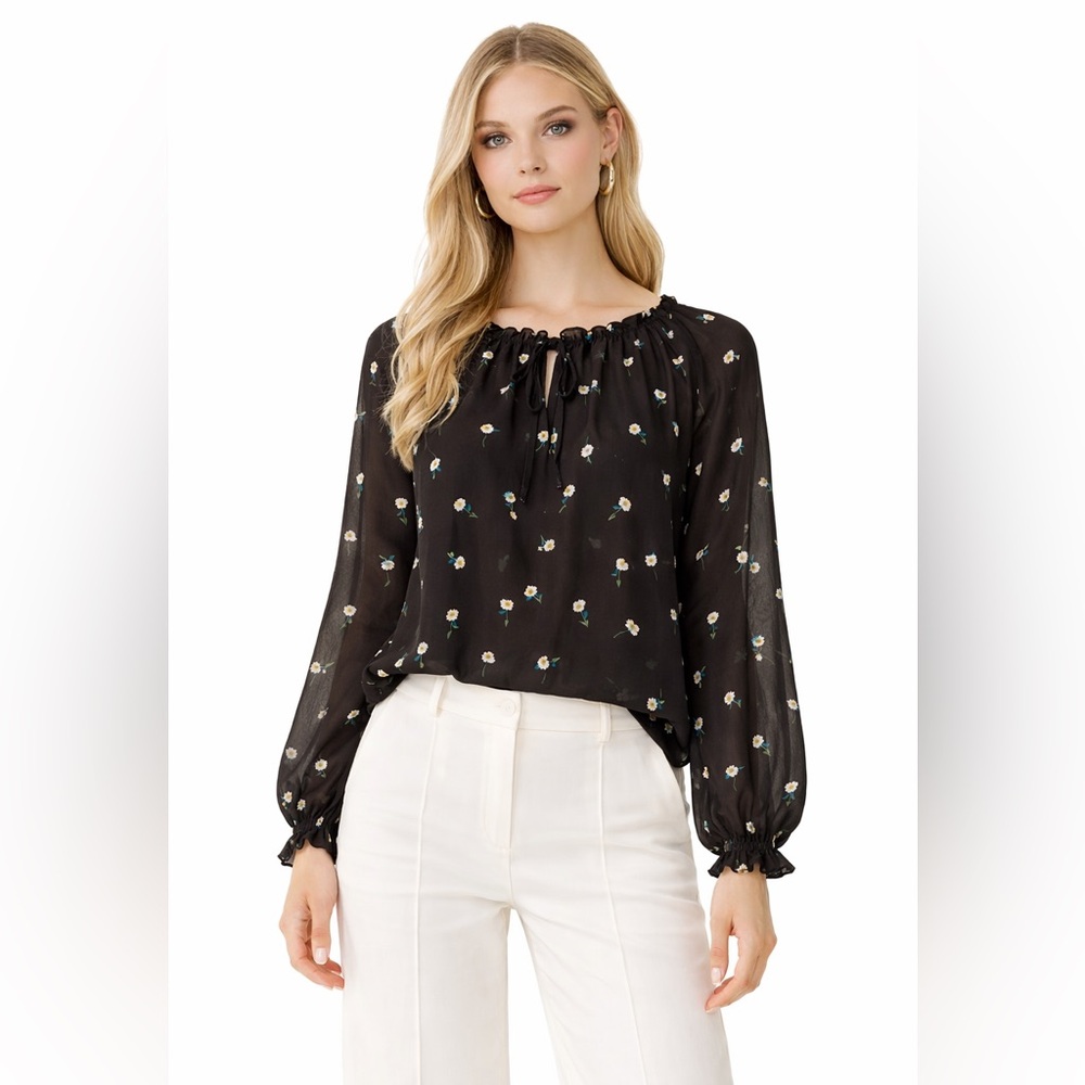 VELVET by GRAHAM & SPENCER Black Daisy Print Cotton Peasant Blouse